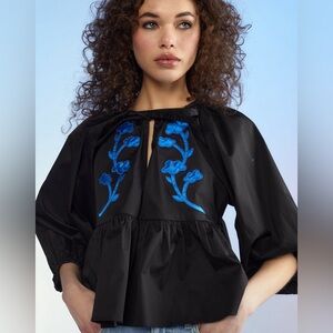 Cynthia Rowley Cotton Appliqué Blouse Puff Sleeves New With Tags